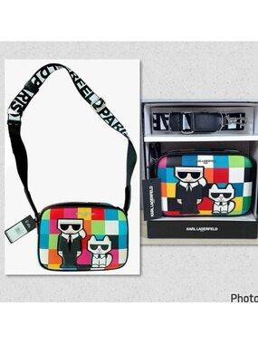NWT Rare KARL LAGERFELD Cat Maybelle Camera Multi Color Crossbody Bag Gift  Box